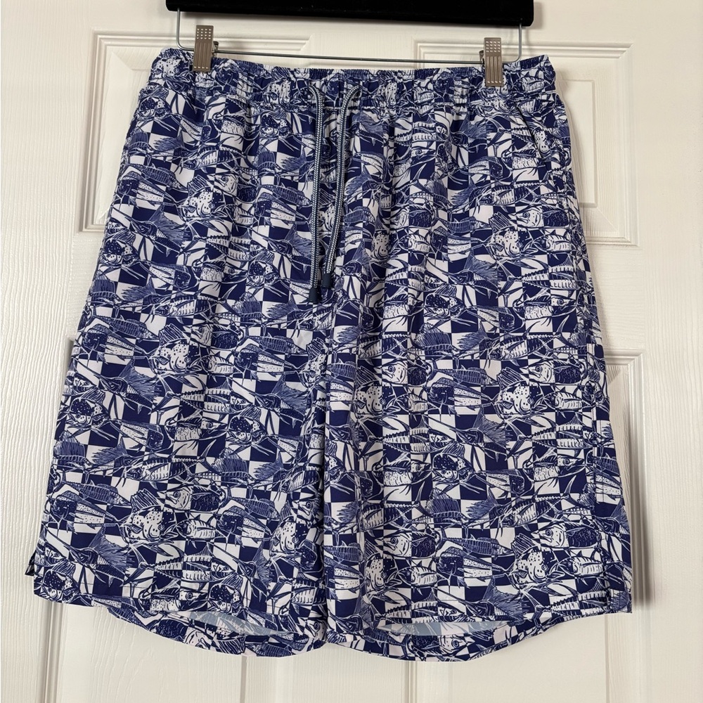 Peter Millar | Check Bait Navy Blue/White Fish Pattern Swim Trunks Sz L